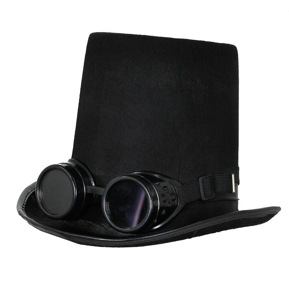 Steampunk Black Top Hat with Goggles - Adults Gothic Fancy Dress Victorian Accessory Festival Halloween - Black