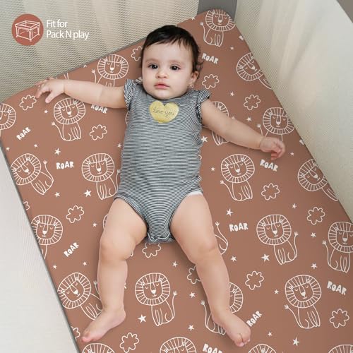 Baby Mini Crib Sheets Boy, Portable 38”x26” Pack and Play Sheets Fitted for Playard and Pack N Play Mattress, 3-Pack Soft Microfiber Brown Lion