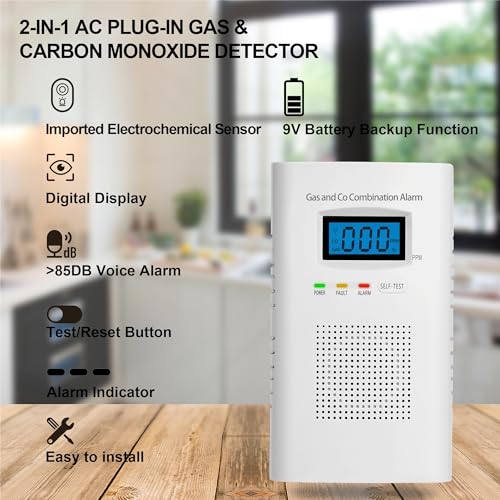 Plug-in-Combination-Gas-Carbon-Monoxide-Detectors-Natural-Gas-Detectors-Carbon-Monoxide-Alarm-for-Home-Co-Detector-Gas-Detectors-with-Digital-DisplayHolds-9V-Battery-not-Included