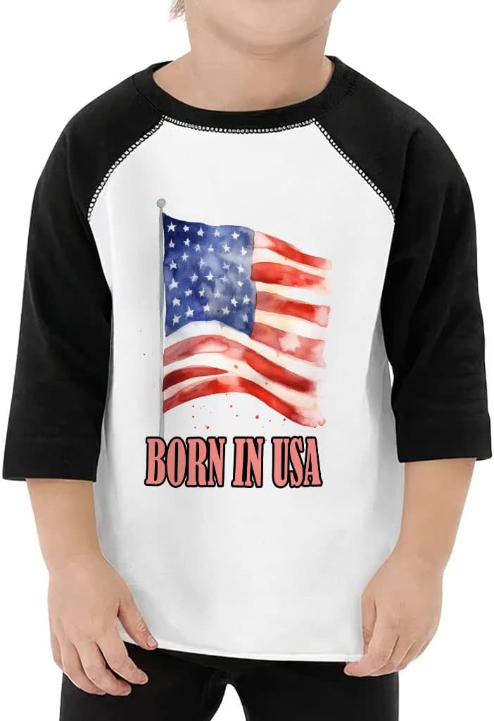 Born in The USA Toddler Baseball T-Shirt - Flag 3/4 Sleeve T-Shirt - Watercolor Kids' Baseball Tee