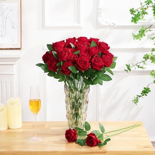 Ovveroche 80 Pcs Roses Artificial Flowers, Silk Crimson Burgundy Artificial Flowers Petals Long Stem Roses for Wedding Bouquet Home Party Decor