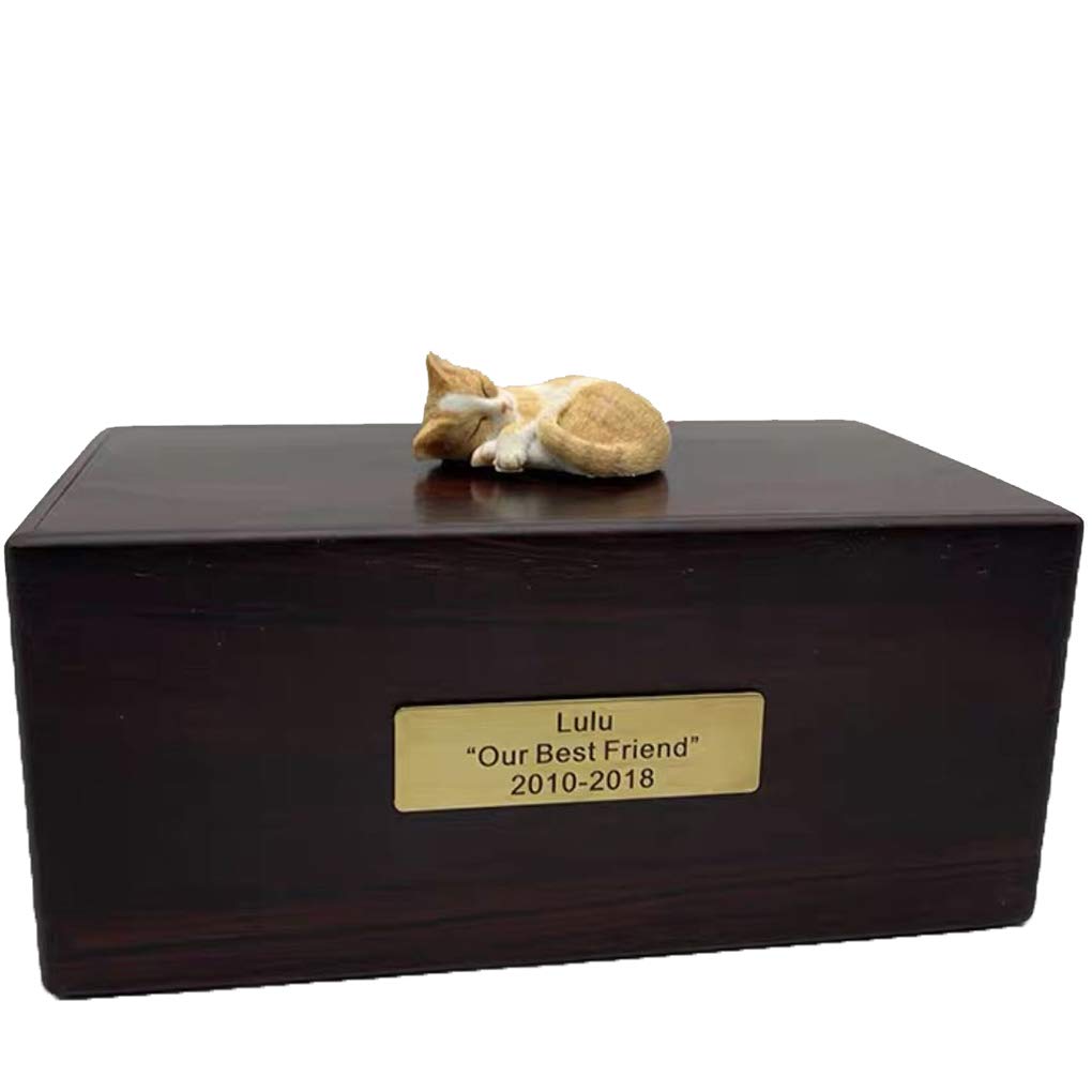 Urna Cinerarie Ceneri per Animali Domestici Personalizzato in Palissandro con Statua Targhetta con Incisione Personalizzabile per Nome e Data di Cane e Gatto Cremazione Funeraria Urne per Cani Gatti