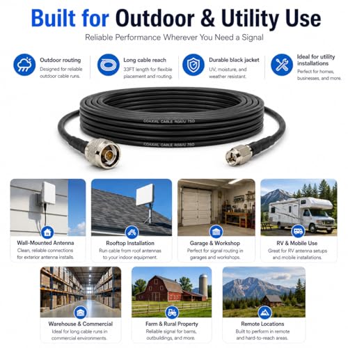 Image of N Male to SMA Male Coaxial Cable 33FT for 4G LTE 5G Antenna Systems | 50 Ohm low loss 3D-FB RF extension, waterproof sealing tape, clips and zip ties, for signal booster, router, modem