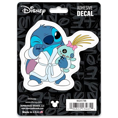 Image of Disney Lilo and Stitch in Robe Adhesive Vinyl Decal - Fun Sleepy Stitch with Scrump Sticker for Car or Truck