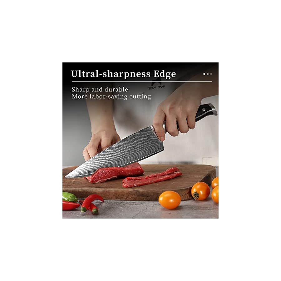 Damascus-Kitchen-Knife-Set-with-Block-Razor-Sharp-67-Layer-VG10-Steel-and-Triple-Rivet-Handle-Included-ChefSantokuUtilityBreadParing-Knives-Sharpener-Kitchen-Shears-Wooden-Block-Grey-9Pcs Damascus Kitchen Knife Set with Block, Razor Sharp 67-Layer VG10 Steel and Triple Rivet Handle, Included Chef/Santoku/Utility/Bread/Paring Knives, Sharpener, Kitchen Shears-Wooden Block, Grey, 9Pcs