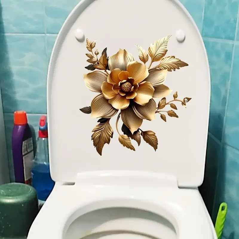 Golden Flower Flower Butterfly Toilet Cover Sticker Decals,Flower Leaf Butterfly Waterproof Toilet Lid Tank Seat Decals Cistern Self-Adhesive Bathroom Wall Sticker