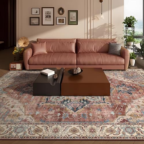 Deerly Large Washable Living Room Rugs 9x12 Boho Vintage Area Rug Indoor Bedroom Carpet with Non Slip Rubber Backing for Under Dining Table Office Farmhouse, Brickred/Multi