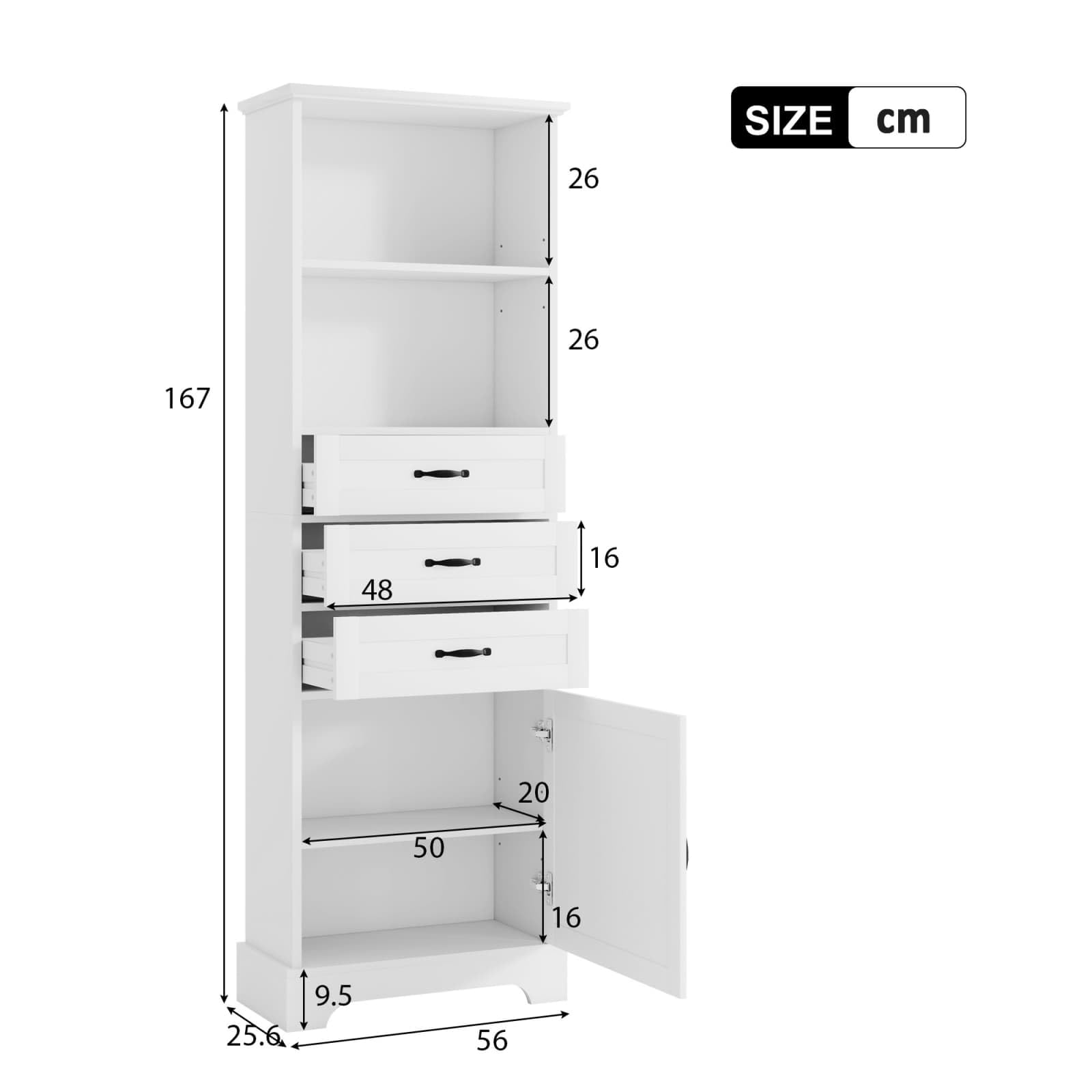 KOMHTOM Meuble d'angle Salle Bain 57.7x46x167.5cm Armoire Rangement 3 Tiroirs 1 Porte Étagères Ouvertes Gain Place Maison MDF Blanc(Blanc - 57.7x46x167.5 cm (Modèle d'angle))