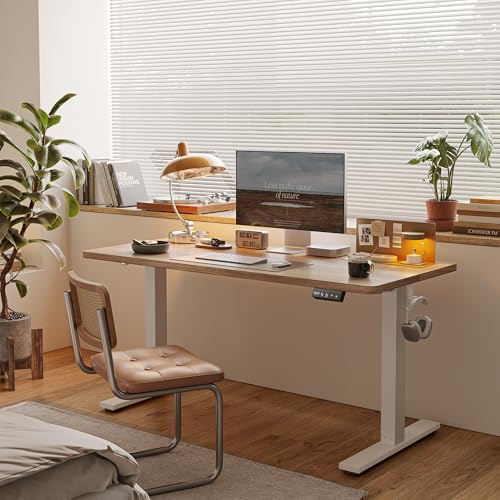 Image of TIQLAB Height Adjustable Electric Standing Desk, 40 x 24 inch, Sit Stand Up Desk, Splice Board, Computer Home Office Desk, Maple Top