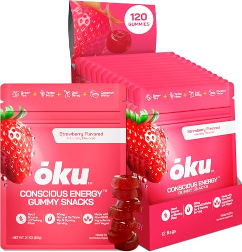 Image of ōku Energy Chews - Energy Gummies w /Natural Caffeine from Green Tea | Yerba Mate, Coconut Water for Hydration, 4g Fiber Gummy, Non-GMO | Running, Cycling, On-the-Go Snacks, Strawberry (12-Pack)