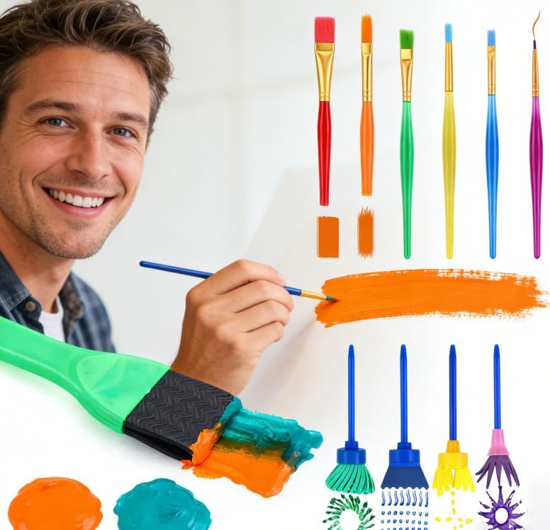 Miniatura 5 de AROIC Paquete de 82 pinturas de dedos lavables, 12 pinturas de dedos de 1 onza cada una, esponjas, pinceles de pintura, delantal de pintura