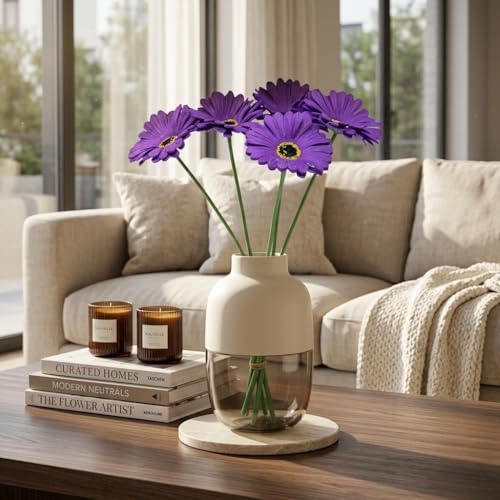 Image of Artificial Gerbera Flower Sticks (Pack of 5) for Home Decor | Realistic Faux Flowers for Vases | Wedding, Office, Living Room & Party Decoration | Long-Lasting, Washable & Reusable (Violet)
