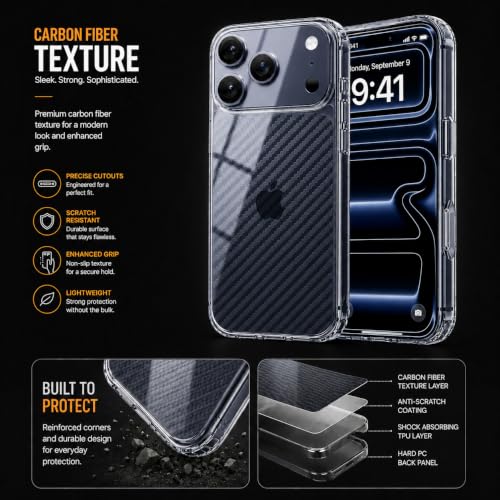 Image of DIZORO Crystal Clear Compatible with iPhone 17 Pro Case with Anti-Yellow Shockproof Transparent Cover with Carbon Fiber Design