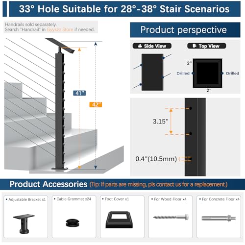 Gyykzz 42" Stair Cable Railing Post Fit 28-38 Degree Stairway, Stainless Steel T304 Deck Post for Stair Railing System, Upgraded Black Powder Coated Wire Metal Post for Satir Indoor Outdoor by Gyykzz - Image 2
