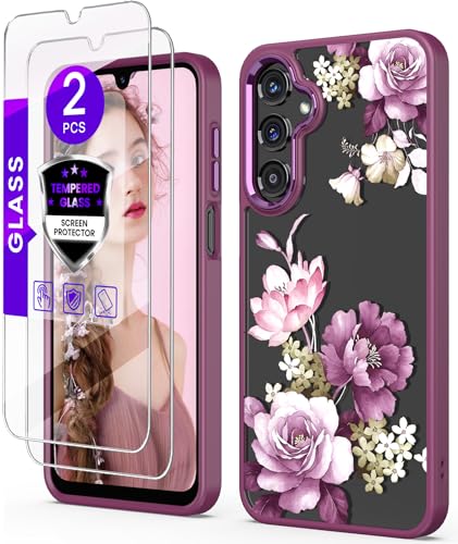DagoRoo for Samsung Galaxy A16 5G Case+Tempered Glass Screen Protector,Military Grade Protective Slim Soft TPU + Hard PC,Girls Women Crystal Clear Flower Pattern Case Cover for Galaxy A16 5G-Purple
