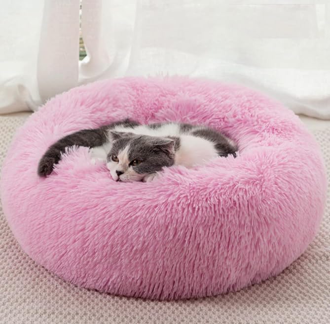 Donut Dog Cat Bed, Fluffy Round Small Dog Bed, Calming Dog Bed, Small Dog Bed Washable, Cat Beds for Indoor Cats, Non-Slip Kitten Bed, 23 Inch Large Cat Bed Pink