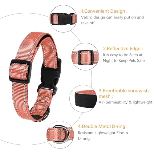 Image of HEELE Dog Collar, Reflective Dog Collar, Soft Neoprene Padded Breathable Nylon Pet Collar Adjustable for Small Dogs, Coral, S(10.23-14.96 inch)