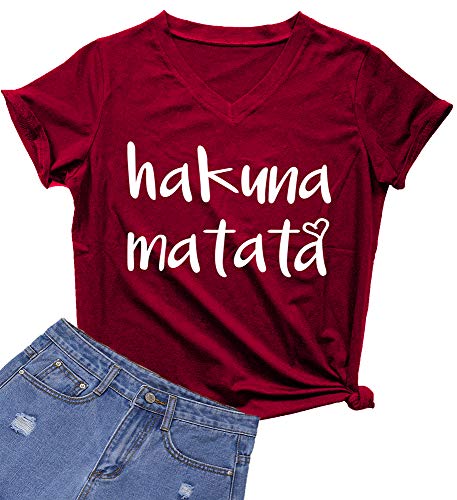 MIMOORN Womens V Neck Hakuna Matata T-Shirt Cute Letter Print Short Sleeve Funny Graphic Tees Wine Red XX-Large