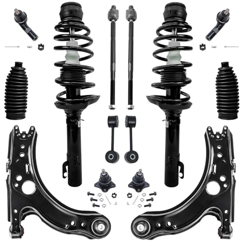 Image of Detroit Axle - 14pc Suspension Kit for 1999-2005 Volkswagen Jetta Golf 1998-2006 Beetle, 2 Ready Struts 2 Lower Control Arms 2 Ball Joints 4 Inner & Outer Tie Rods 2 Sway Bars 2 Boots Replacement