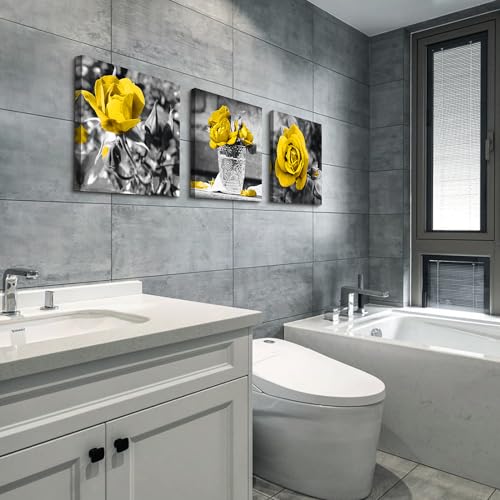 DZRWUBHS Large Size Wall Art - Modern Decor for Bedroom, Living Room, Kitchen, Bathroom - Black & White Wall Pictures - Yellow Rose Flowers - Canvas Prints - Girls Room Artwork