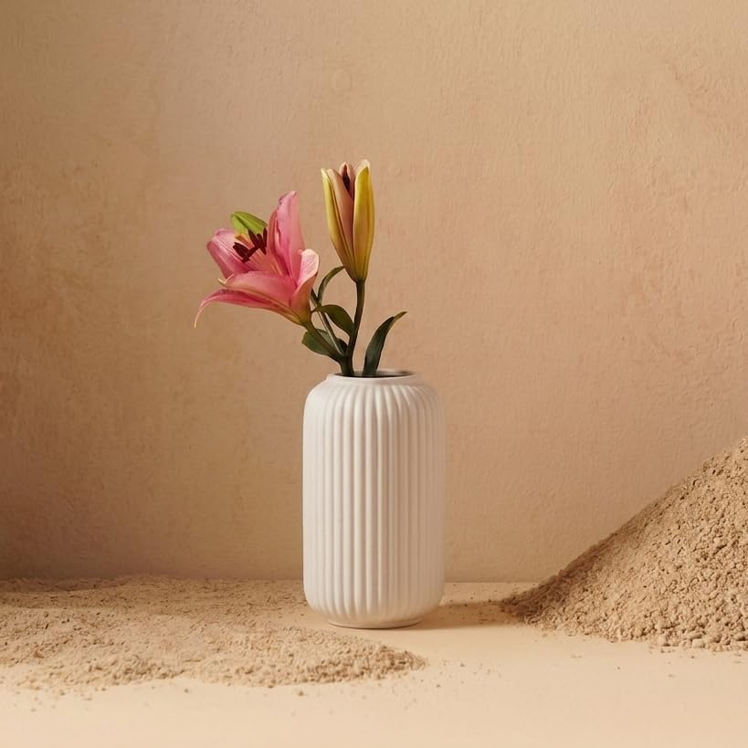 PUREZENTO White Ribbed Texture Ceramic Vase - 6 Inch | Vases for Centerpiece Home Decor, Living Room & Bedroom | Vase for Pampas Grass, Dried & Artificial Flowers