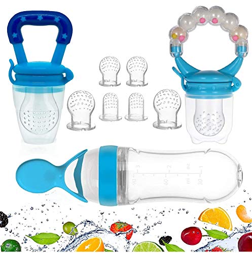 Gedebey Baby Food Feeder, Pacifier Fruit- Fresh Silicone Bottle Squeeze Spoon Frozen Fruit Pacifiers Nibbler Hygienic Cover Newborn with Meshes Sizes for Baby Food Spoon (Blue)