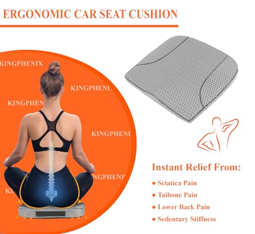 Image of kingphenix Premium Car Seat Cushion, Memory Foam Driver Seat Cushion to Improve Driving View- Coccyx & Lower Back Pain Relief - Seat Cushion for Car, Truck, Office Chair (4D Mesh Gray)
