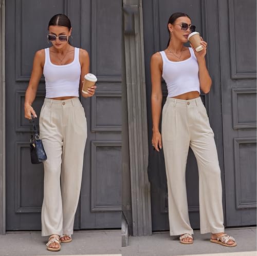 heipeiwa Women's Linen Casual High Waist Wide Leg Straight Dress Cotton Linen Pants Button Trousers3