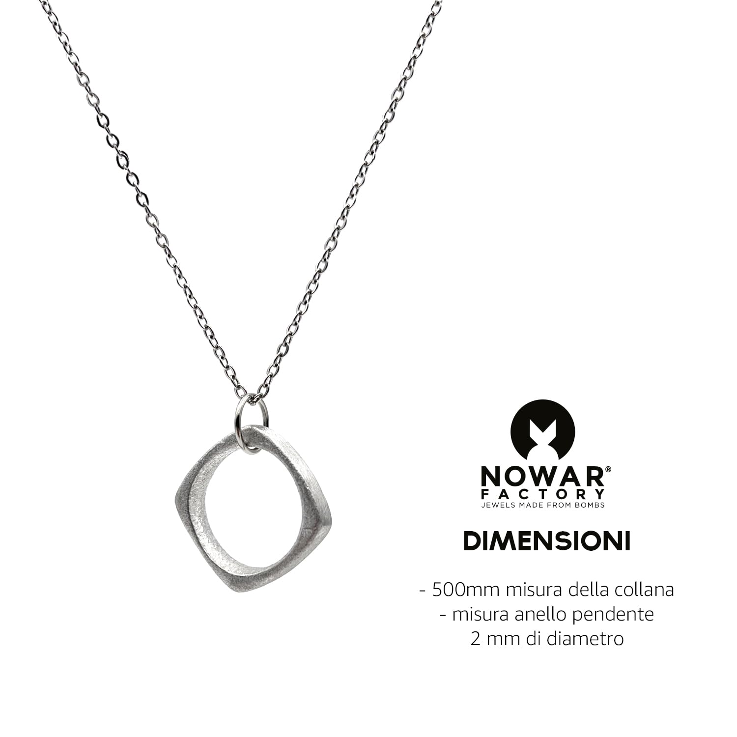 NOWAR FACTORY Collana Lunga Anello Quadrato in Acciaio con Ciondolo, Simbolo di Speranza e Forza, Lunghezza 50 cm - Festa del papà