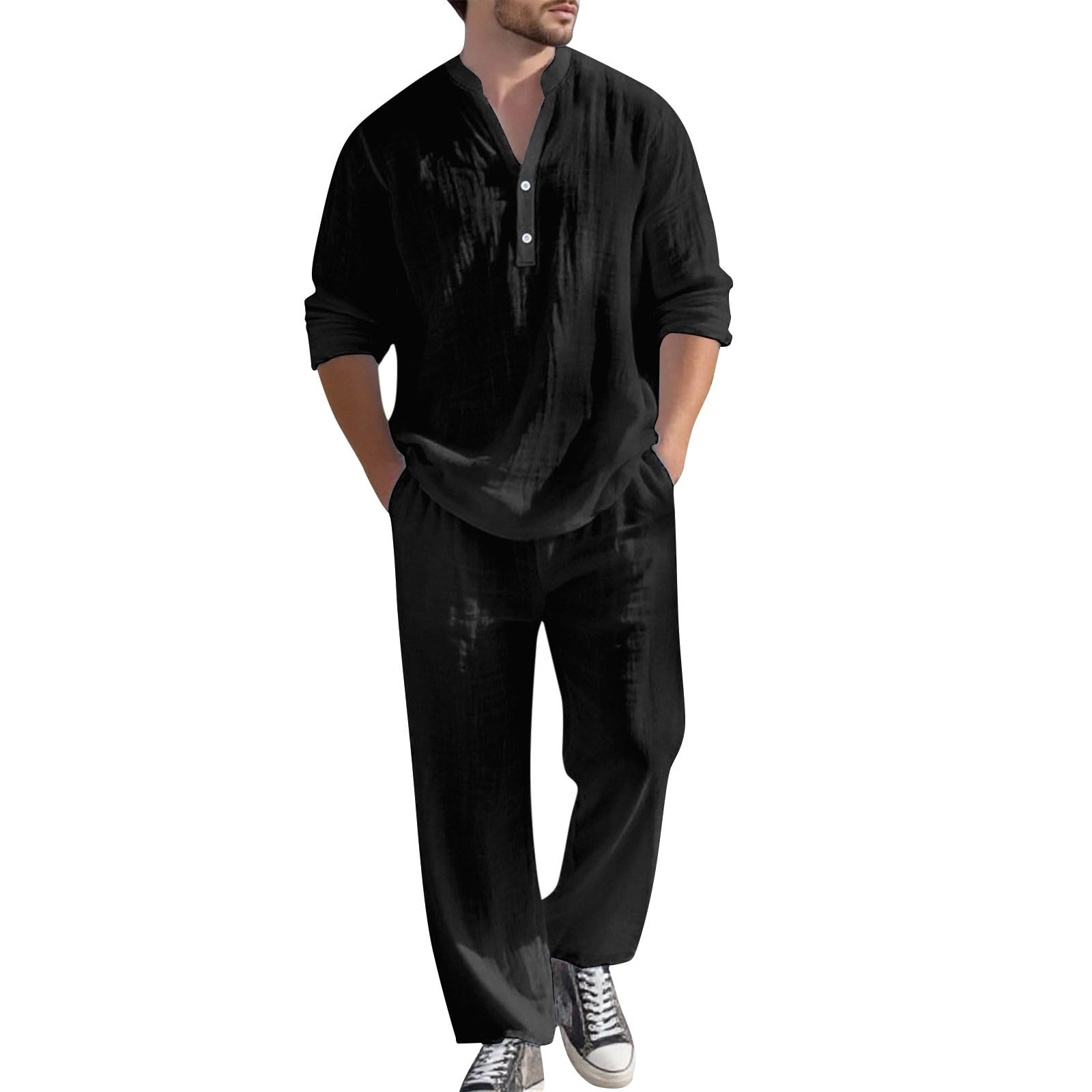 Camisa de lino para hombre, cuello en V, manga larga, pantalones casuales de otoño