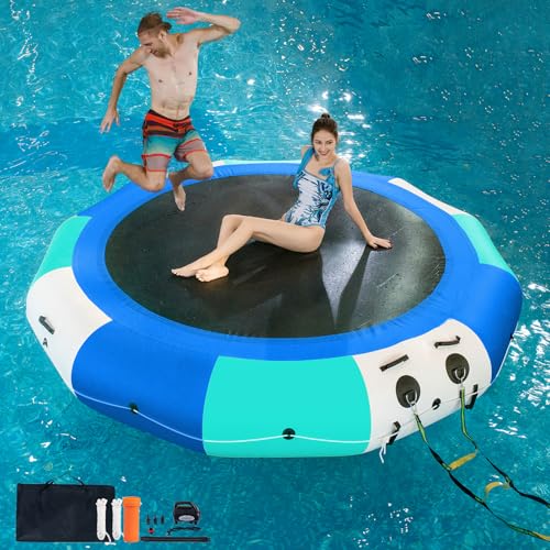 COOLWAVE Inflatable Water Trampoline for Lake Pool Ocean 10FT 12FT 15FT, Floating Water Trampoline for Adults with 4-Step Rope Ladder and Mooring Ropes (12FT Blue)