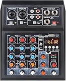4 Channel Audio Mixer, DJ Mixers Sound Board with Bluetooth, Sound Mixer Board XRL/1/4' Interface, USB/MP3 Computer Input 48V Phantom Power Stereo Studio Streaming KTV Stage
