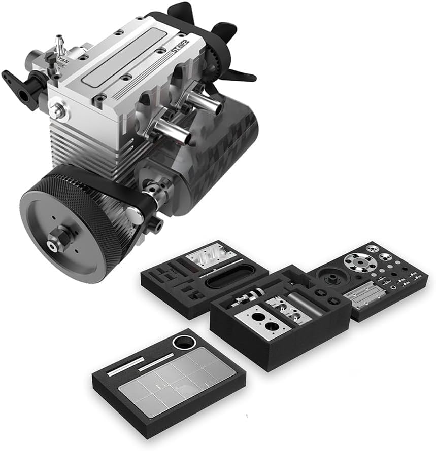 Image of Model Engine Kit for Adults - L2 Mini Engine Build Kit That Runs on Gas, Twin Cylinder 4 Stroke Nitro Engine DIY Full Metal Car Engine Model Kit Educational Experiment, TOYAN FS L200AC,KIT
