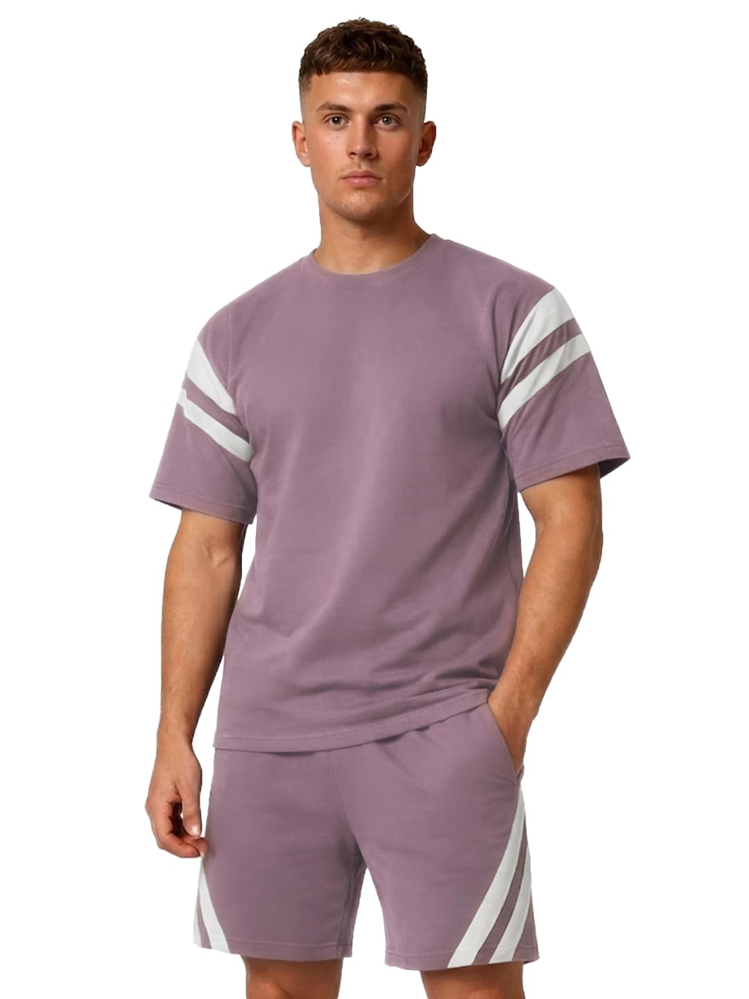 CHKOKKO Men’s Co-Ord Set Premium Cotton Blend Oversized T-Shirt & Shorts Cord Set with Side Pockets Round Neck Half Sleeves Solid with Contrasting Stripes Summer or Casual Wear