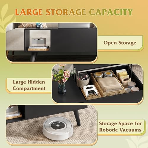 Image of WLIVE Coffee Table for Living Room, Small Coffee Table with Storage, Lift Top Modern Wooden Dining Center Table with Storage Shelf & Hidden Compartment, 31.5 inch Black