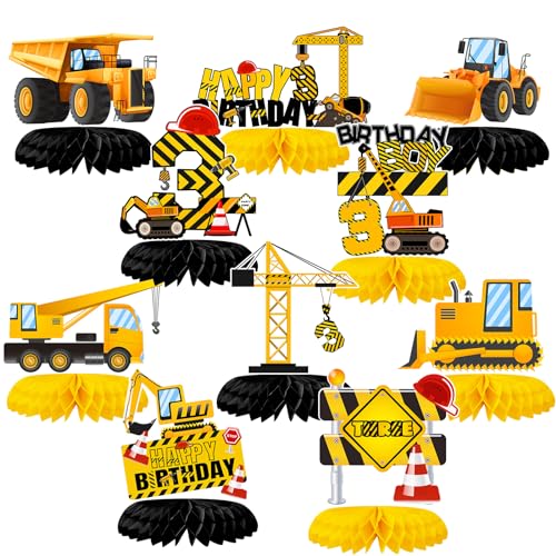 10Pcs Construction Honeycomb Centerpieces 3rd Birthday Party Decor for Boys,Dump Truck Car Cone Construction Zone Theme 3 Year Old Birthday Table Centerpieces Baby Shower Party Supplies Decorations