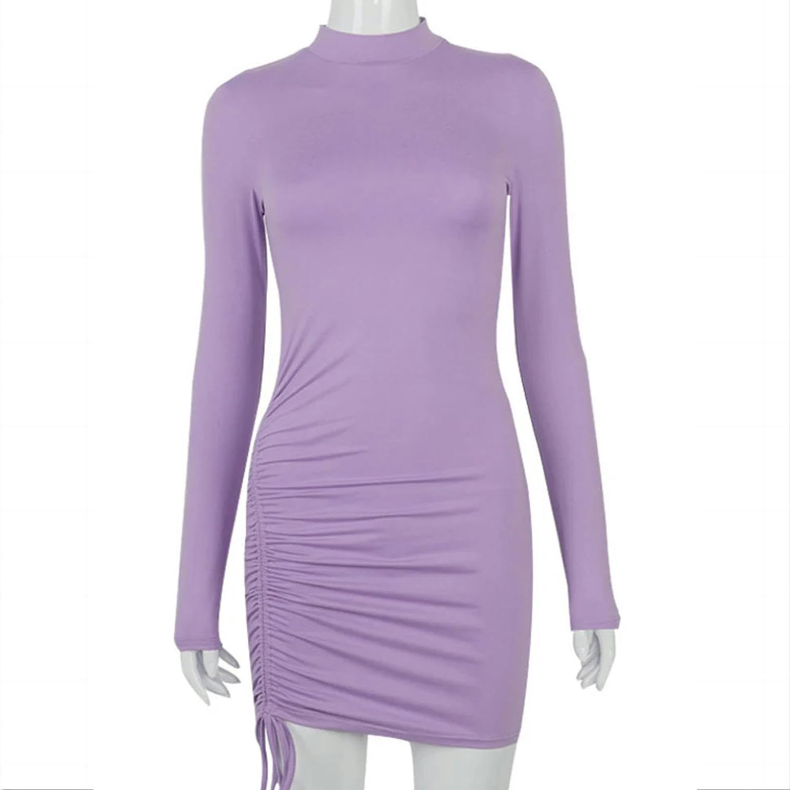 Vestito Donna Corto Abiti da Corpo Arricciati A Maniche Lunghe Donne Turtleneck Bandage Mini Abiti