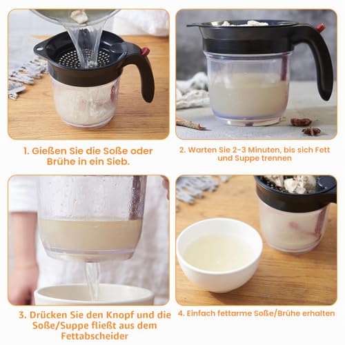 Foto von Fetttrennkanne für Soßen, Fettabscheider 1000ml, Doppelfiltrations Fetttrenner, Ein Knopf Pressefreigabe Spender, Einfaches Abscheiden von Fett