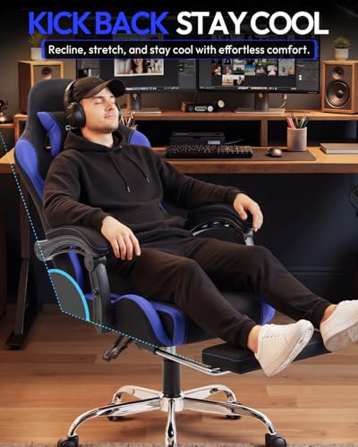Image of Dowinx Ergonomic Gaming Chair with Footrest & Massage Lumbar, 2D-Linkage Armrests for Computer Chair 330lbs with Headrest Pillow for Office, Home, Streaming and Long Gaming Sessions, Fabric Dark Blue