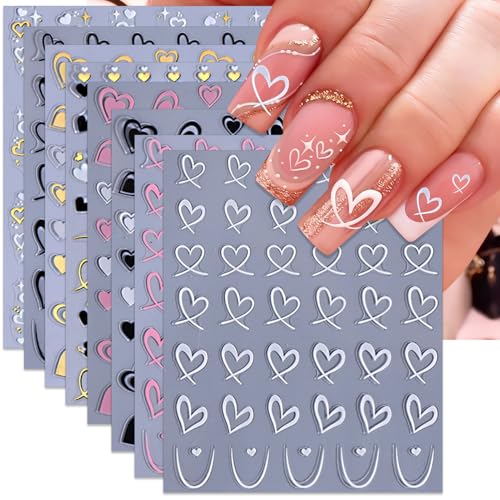 IDDFEVE 8 Sheets Heart Nail Stickers - Hollow Peach Heart-Shaped Valentines Day Self-Adhesive Nail Art Decals for Women Girls DIY French Wavy Line Love Manicure Designs