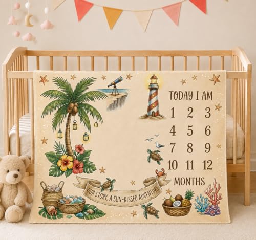 Image of Baby Monthly Milestone Photoshoot Blanket with Milestone Cards, Cotton, 115x95 cm, Animal Theme, 1-12 Months (Coconut Tree)