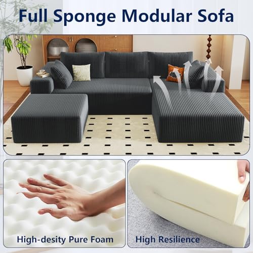 Image of 96 inch Modular Sectional Sofa with Ottoman, Modern Corduroy Cloud Couch with Deep Seat, Boneless Couch Upholstered 3-Seater U-Shaped Sofa for Living Room, No Assembly (Grey, Right-Facing Chaise)