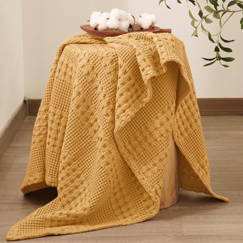 Image of PHF 100% Cotton Waffle Throw Blanket for Couch, Lightweight Breathable and Soft for Summer, Luxury Aesthetic Waffle Weave Blanket for Home Decor & Office, Gifts for Women, 50 inchx60 inch, Pumpkin Orange