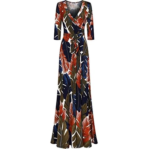 Bon Rosy Women's Silky and Stretchy 3/4 Sleeve Deep V-Neck Floral Printed Maxi Faux Wrap Dress Navy Brown M Cover