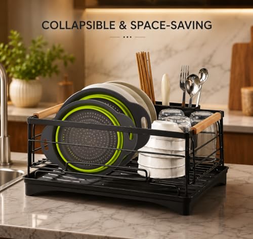 Image of Collapsible Silicone Colander Set of 3 with Drain Tray, Foldable Kitchen Colander with Handles, Fruits, Vegetables, Pasta & Kitchen Storage, Space Saving (Green & Grey)