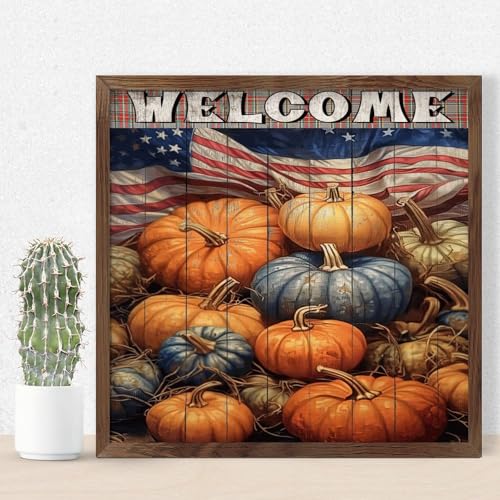 Panneau en bois encadré déco bienvenue et aquarelle d'automne pour mur maison