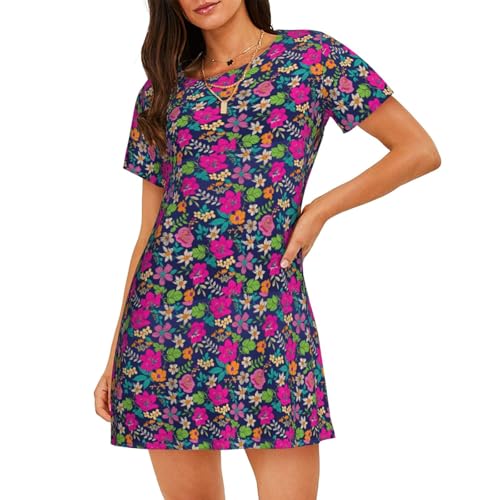 Chemise de nuit légère manches courtes femme motif fleurs pyjama d'été frais