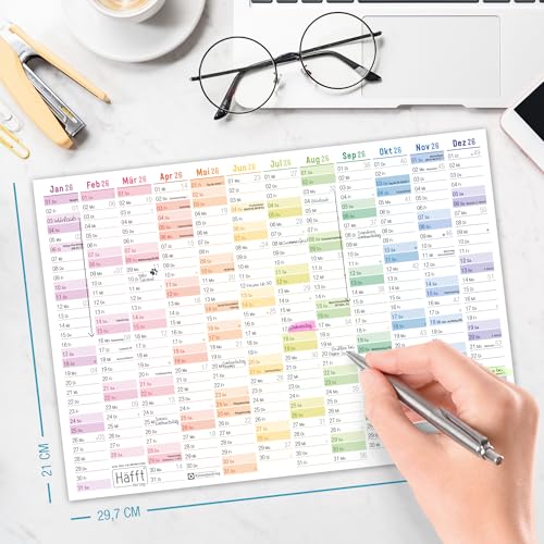 Häfft® 5 x Wandkalender 2026 A4 quer Rainbow + Jahresübersicht 2027 auf der Rückseite -Tafelkalender, Jahresplaner, Jahreskalender, Tischkalender mit Feiertagen - nachhaltig & klimafreundlich