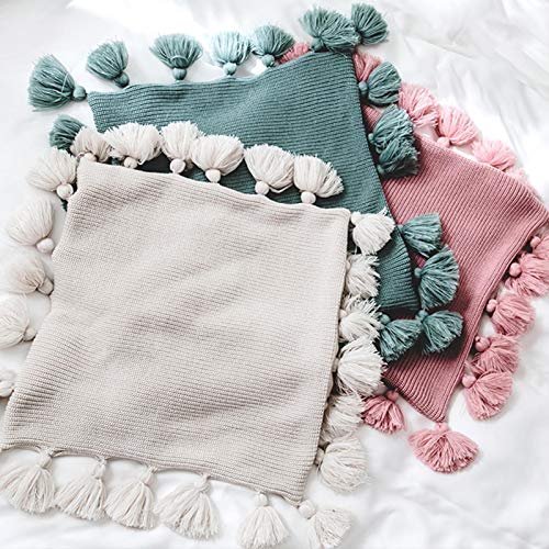 Totalshop Cushion Cases Cover For Sofa-Handmade Knitted Decorative Square Warm Throw Pillow Cover/Cushion Cover With Pom Pom Lantern Tassels For Home Spring Summer Decoration,18X18In #TOP4