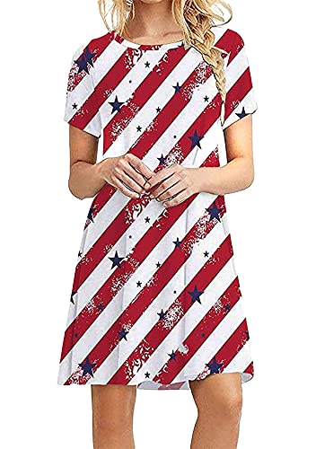OMZIN Women's Summer 4th for July Casual Tshirt Dresses Short Sleeve Boho Beach Dress Stripe 2XL